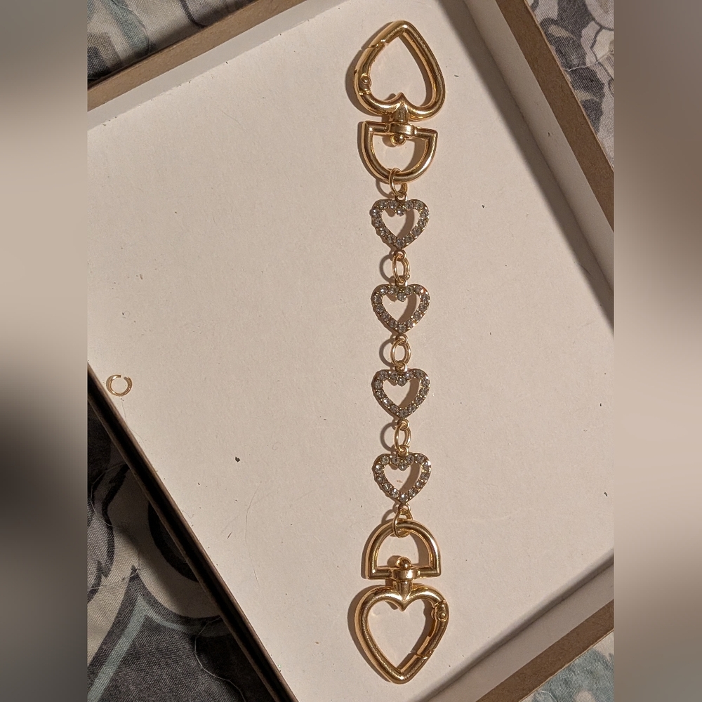 Gold and Rhinestone Hearts  Strap Extender 6 Inches / Bag Bling